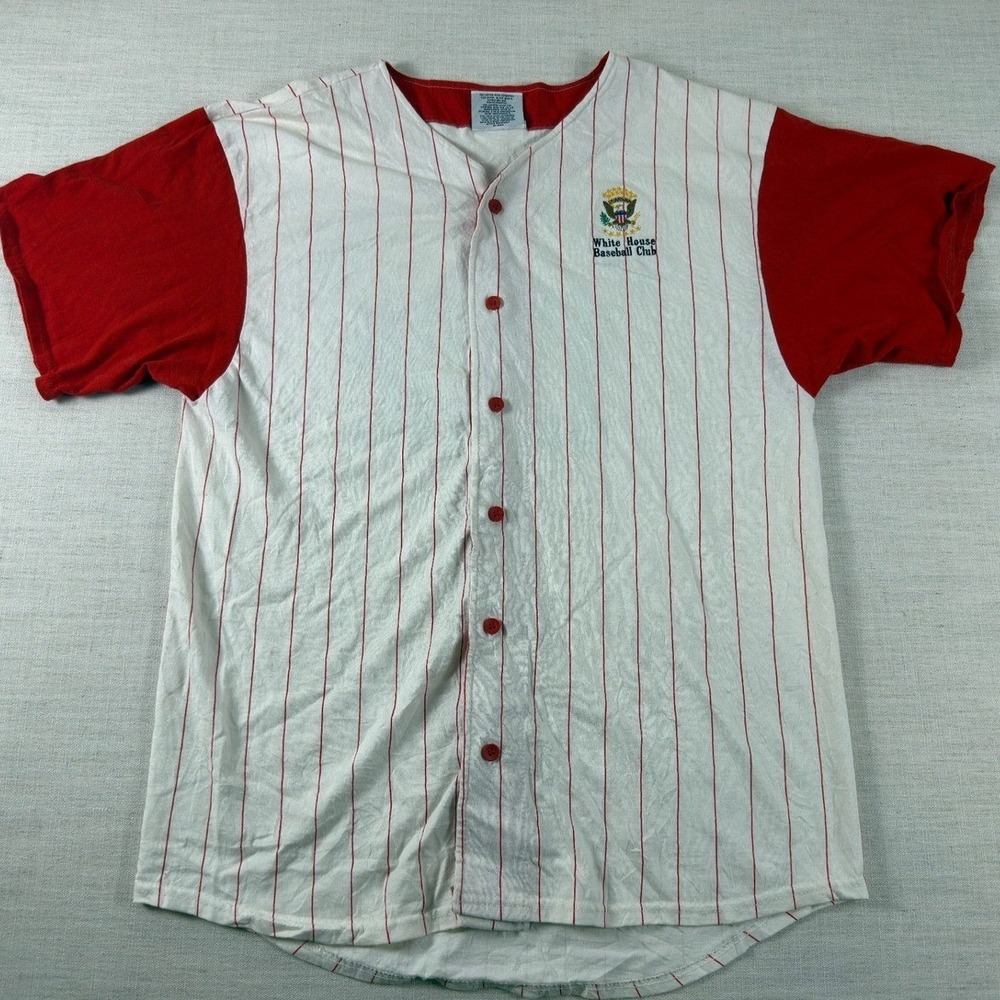 Vintage Badger Sport White House Baseball Club Pinstripe Jersey Red White Large